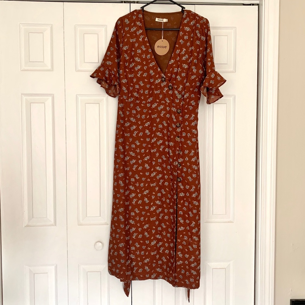 Cognac Floral Dress with Tortoise Buttons